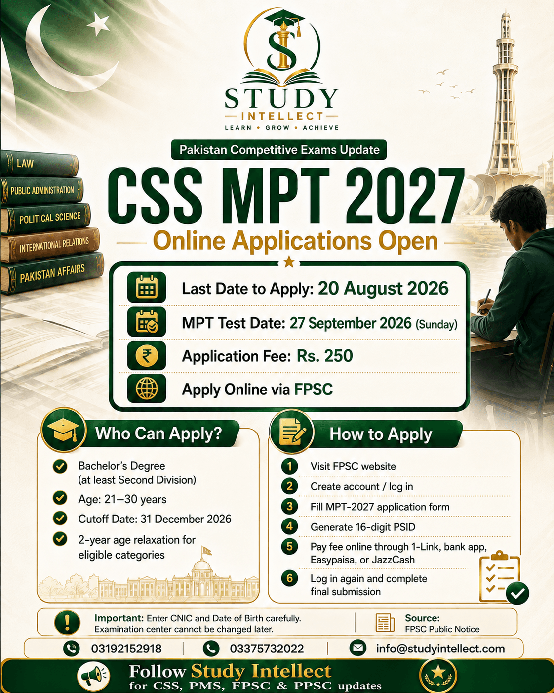 Study Intellect CSS MPT 2027 applications open informational poster